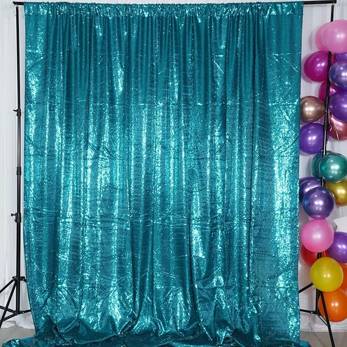 Poise3EHome 6Ft x 8Ft Teal Sequin Backdrop Curtain, Glitter Thick Satin Background Drapes, Opaque Sparkly Curtain, Sequin Backdrop for Xmas Thanksgiving Wedding Party Decor