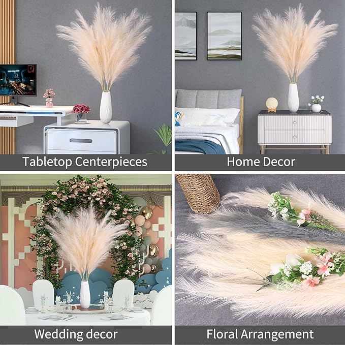 Faux Pampas Grass 6 Stems, Artificial Pampas Grass - 43 inch Total Extra Large Pompass Grass Tall Pompous Boho Flower Arrangement and Floor Vase Filler Home Decor for Room Wedding Party (Black)