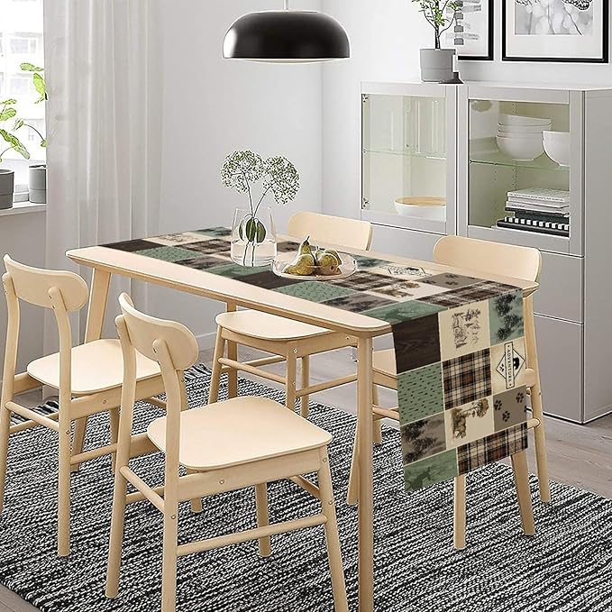 Bear Deer Table Runner,Rustic Lodge Retro Country Farmhouse Buffalo Plaid Print Tablecloth Burlap for Hotel Indoors Outdoor Dining Room Kitchen Home Decor,W13X L108 in