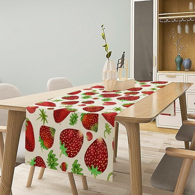 Strawberry Table Runner Spring Summer Fruit Wild Berry Forest Garden Dinner Runner for Girl Baby Shower Party Holiday Home Kitchen Dining Table Decor 13x70