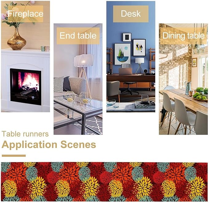 Red Yellow Dahlia Table Runner, Seasonal Autumn Thanksgiving Pattern Print for Home Kitchen Table Decor Dining Coffee Room Party Decor 13x108 Inch