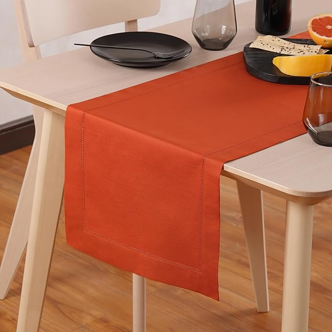 Pumpkin Table Runner 90 Inch– Cotton Linen Hemstitch Farmhouse Table Runner 14x90 –Washable Fabric for Dining, Fall, Halloween, Thanksgiving, Spring, Summer, Wedding, Everyday Décor – Serena