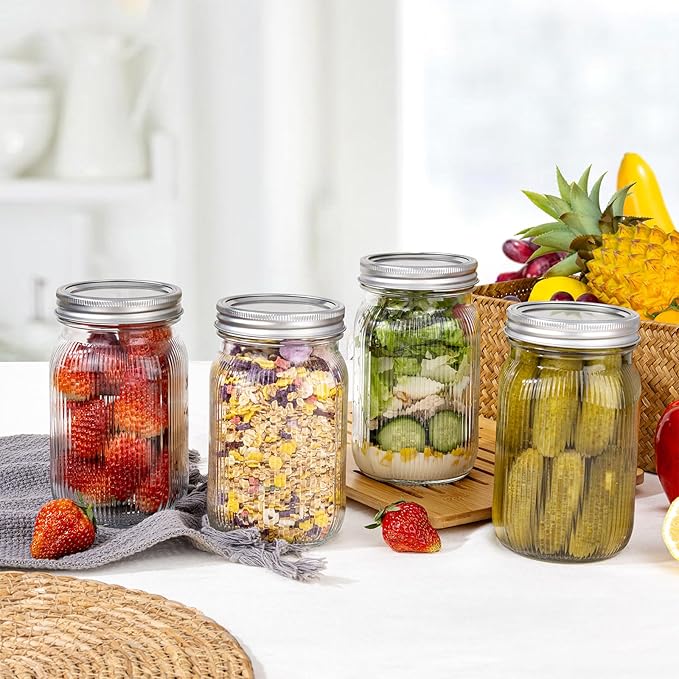 MirthMood 32 OZ Wide Mouth Mason Jars, 4 PACK Glass Mason Jars with airtight Lids, Quart mason jars wide mouth for Fermenting, Pickling, Freezing, Preserving, Meal Prep, Jar Décor