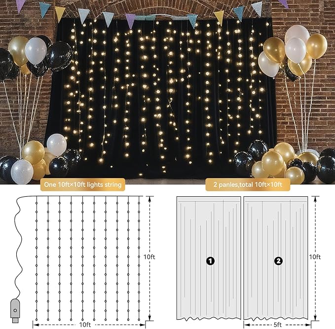 Ledido 10×8ft Tulle Backdrop Curtains with Lights String - 300LED Fairy Lights Sheer Curtain Backdrop for Weddings Baby Shower and Birthday Party Decorations(4 Panels 5×8ft)