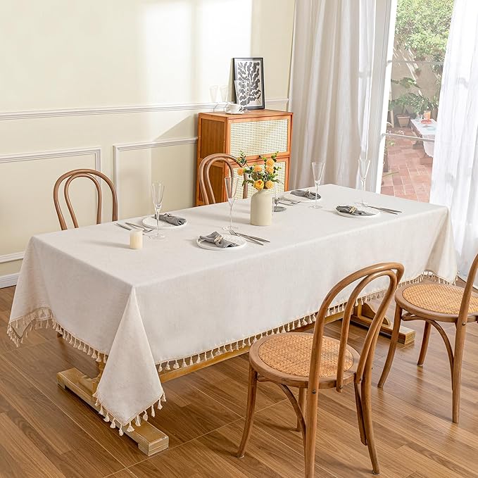 MYSKY HOME Table Cloth 60x102 in Rectangle, Cotton Tassel Linen Look Waterproof, Wrinkle Free Table Cover with Beige Tassels for Kitchen Dining, Party