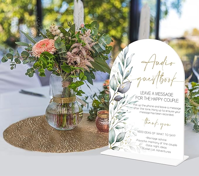 Acrylic Wedding Signs, Greenery Theme Audio Guestbook Sign, Wedding Reception Signage, Bridal Shower Table Decor with Stand, Engagement, Anniversary, Newlywed Events and Parties Supplies, 09