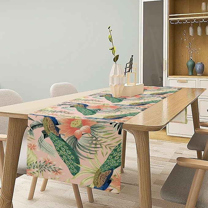 Peacock Table Runner,Pink Flower Peacock Birds Table Runner for Home Kitchen Dining Party Indoor Outdoor Decoration 13x70 Inch