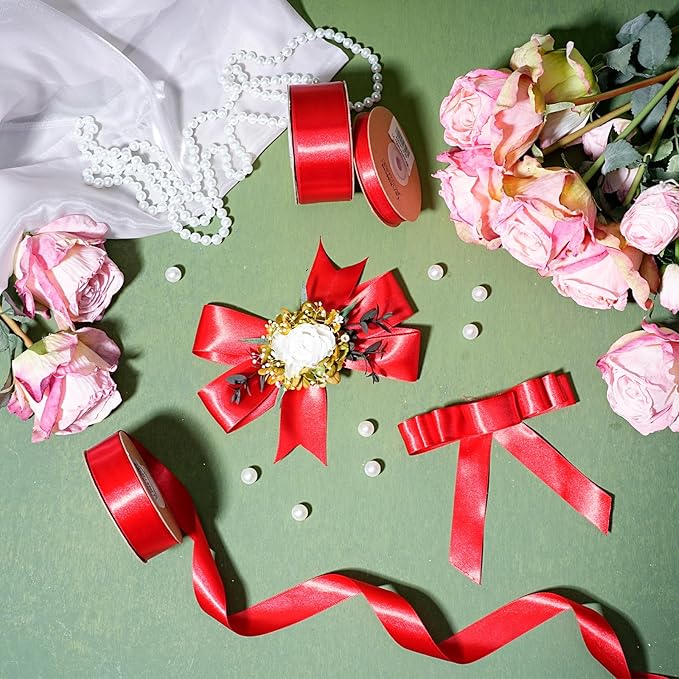 LaRibbons Bright Red Satin Ribbon 3/8 Inch 25 Yards Luxury Double Faced Red Ribbon for Gift Wrapping Flower Bouquet Crafts Wedding Party Christmas Decoration