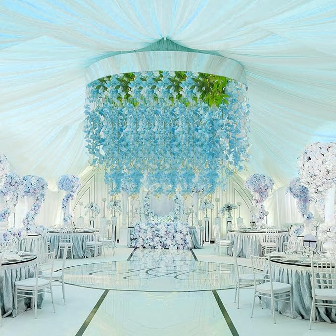 36 Pack Blue Wisteria Hanging Flowers, 3.44 Ft Fake Hanging Flowers, Artificial Wisteria Garland Vines for Wedding Room Backdrop Outdoor Patio Garden Decoration