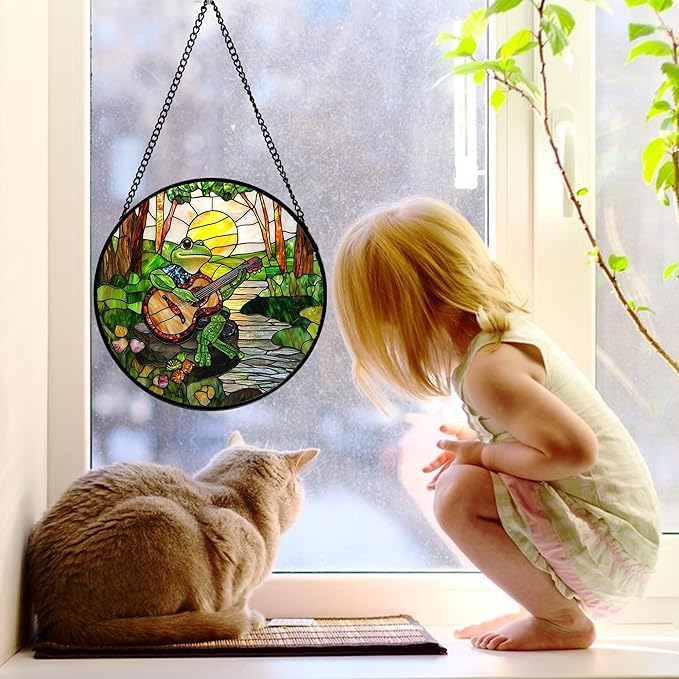 Stained Glass Window Hanging, Frog Playing Guitar Suncatcher Diamond Glass Panel Funny Sun Catchers Decor for Birthday for Women, Men, Wife, Aunt, and Mom 9.8 in