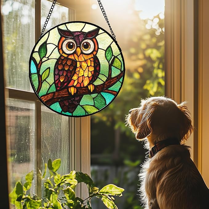 Stained Glass Window Hanging - Owl on a Branch Suncatcher for Doors Window Home Orange Brown Sun Catchers Decor Christmas Mother's Day Birthday Gifts for Teacher Women Men Mom Nana 15 in