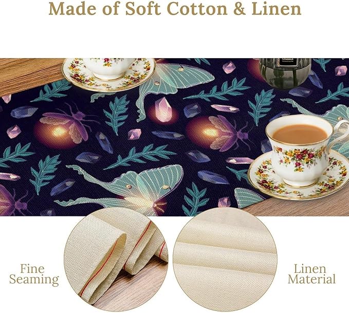Moth Table Runner, Retro Boho Aesthetic Blue Moth Magic Table Runner for Home Kitchen Dining Party Indoor Outdoor Decoration 13x90 Inch