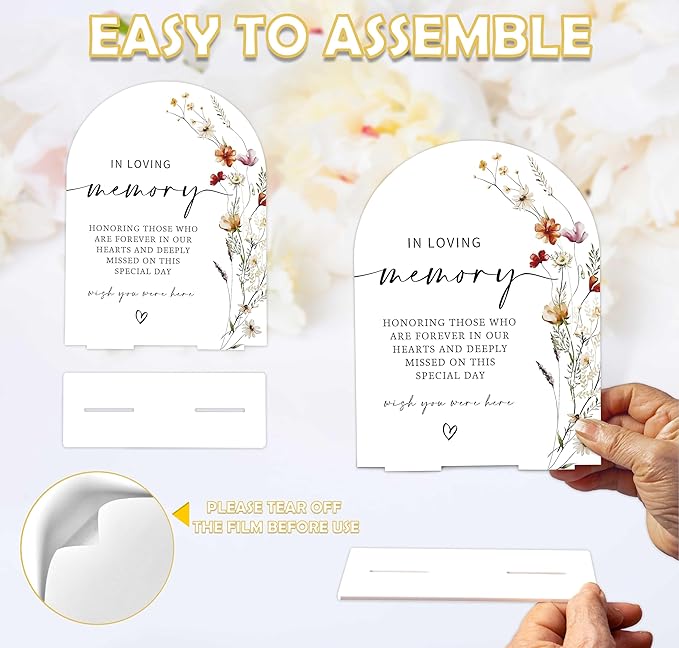 Boho Floral In Loving Memory Sign, 6 x 8 Inch White Arch Acrylic Wedding Sign with Holder, Wedding Sign for Ceremony and Reception, Wedding Decoration, Wedding Supplies - BX05