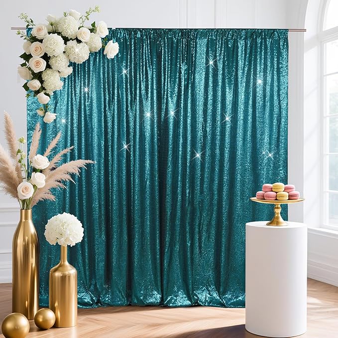 SquarePie Sequin Backdrop Less Transparent Background Sparkly Curtain for Wedding Party 6FT x 6FT Teal