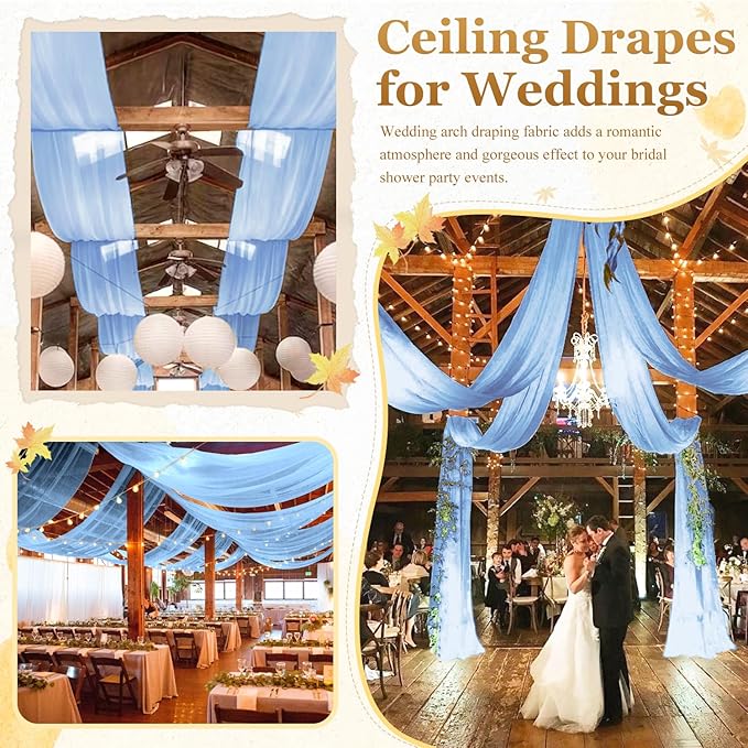 MODFUNS Light Blue Ceiling Drapes Wedding Arch Drapery 5x30ft 2 Panels Sheer Chiffon Curtain Drapes Tulle Ceiling Fabric Draping Fabric Vintage Wedding Ceremony Party Tent Ceiilng Drapes Supplies