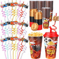 Yungyan 24 Sets Movie Night Party Favors Goodie Cups with Lids and Straws for Halloween Party Decorations Reusable 16oz Plastic Candy Cups Plastic Straws for Birthday Gift(Movie Night)