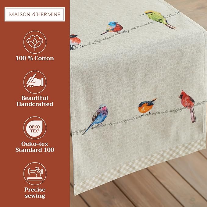 Maison d' Hermine Table runner 100% Cotton Double Layer Table Runners 72 inches long Decorative for Home Kitchen Dining Party Wedding Bridal Shower Spring Summer (Birdies On Wire, 14.50" x 72")