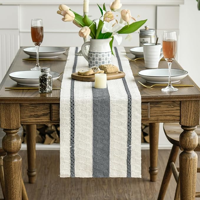 Artoid Mode Dark Grey Farmhouse Woven Rustic Table Runner, Seasonal Holiday Hollow Kitchen Dining Table Decoration for Home Party Decor 12x48 Inch