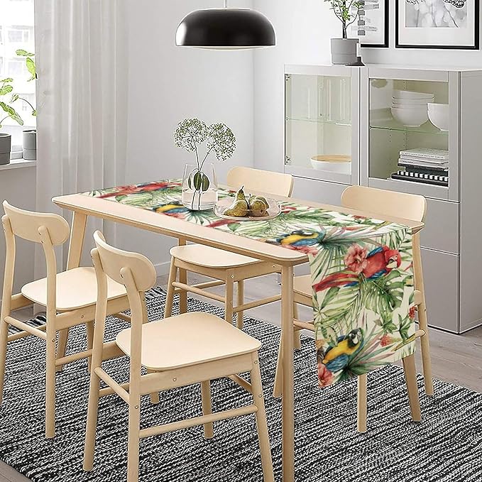 Parrot Table Runner,Tropical Palm Leaf Colorful Macaw Bird Watercolor Print Tablecloth Burlap for Hotel Indoors Outdoor Dining Room Kitchen Home Decor,W13X L80 in