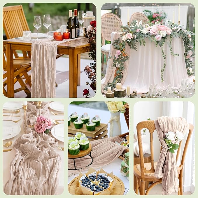 Asee'm 3pcs Cheesecloth Table Runner 120 Inches Long Nude Pink Boho Gauze Cheese Cloth Runner 10FT Rustic Sheer Table Runners for Christmas Wedding Party Baby Shower Spring Easter Decoration