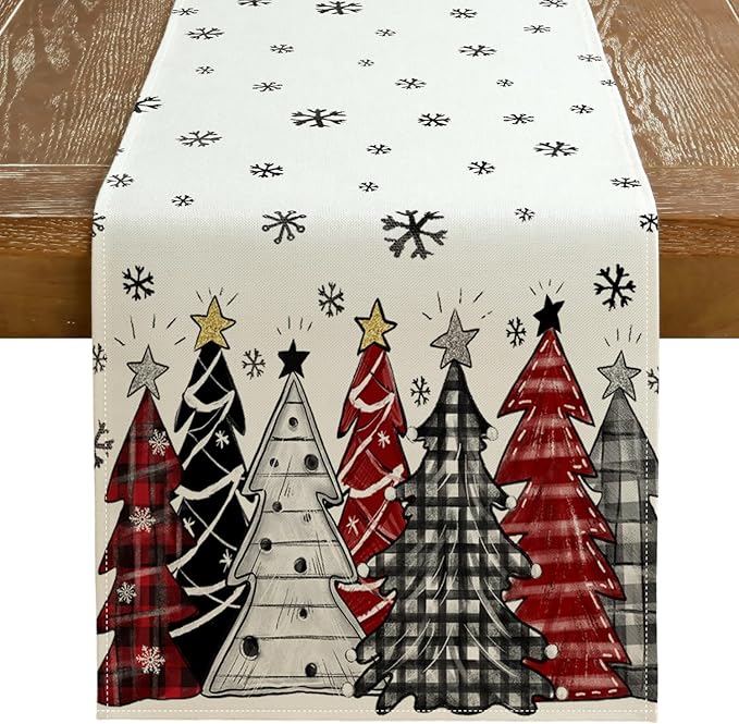 GEEORY Christmas Table Runner 13x72 Inch, Xmas Tees Snowflakes Holiday Decorative Farmhouse Table Decoration for Kitchen Dinning, Indoor Outdoor Dinner Party Decor ((Red & Black) GT165-72