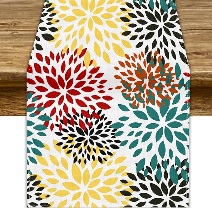 Green Red Dahlia Flower Table Runner Chrysanthemum Geometric Kitchen Dining Bedroom Living Room Table Decor for Indoor Outdoor Home Party, 13x90 Inch