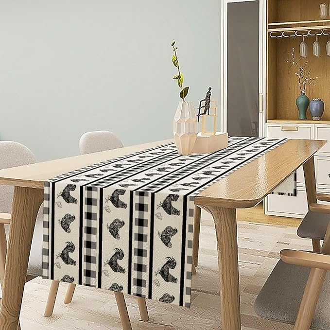 Rooster Table Runner,Farmhouse Animal Vintage Chicken Black White Plaid Check Tablecloth Burlap for Hotel Indoors Outdoor Dining Room Kitchen Home Decor,W13X L70 in