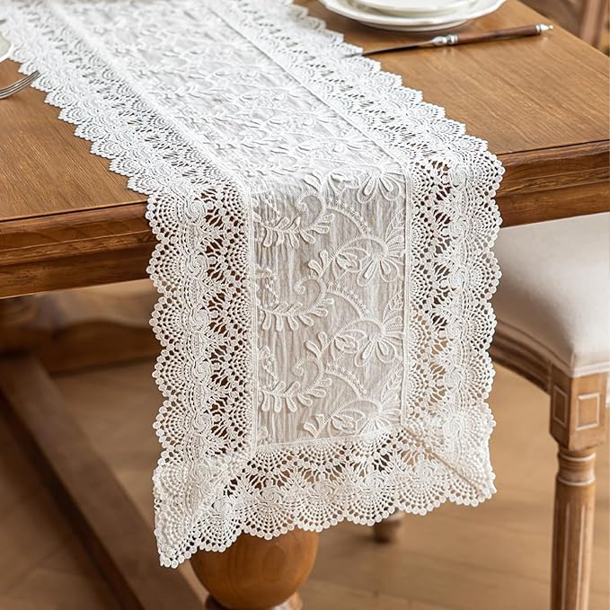White Elegant Vintage Lace Table Runner,Wedding Lace Decor with Floral Embroidery,Tea Party Decor (White, 13.8X79 Inches)
