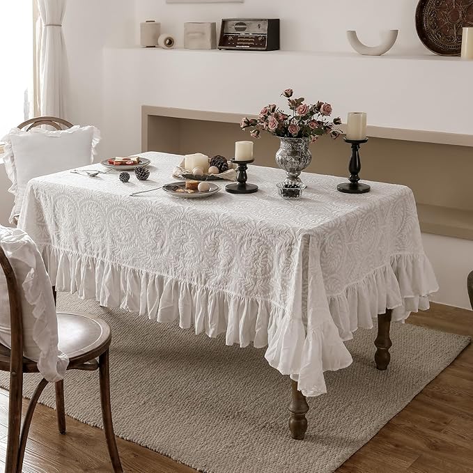 patdrea Vintage Ruffle Tablecloth for Rectangle Tables,Farmhouse Embroidered Cotton White Lace Table Cloth Cover Decor for Dining Room Wedding Banquet Thanksgiving Christmas,59"*83"