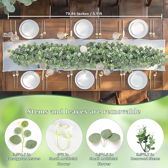 N&T NIETING 2 Pack Artificial Eucalyptus Garland with Flowers, Faux Greenery Garland Decor 6FT Eucalyptus Vines, Fake Hanging Vines Summer Garlands for Mantle Wedding Backdrop Decorations