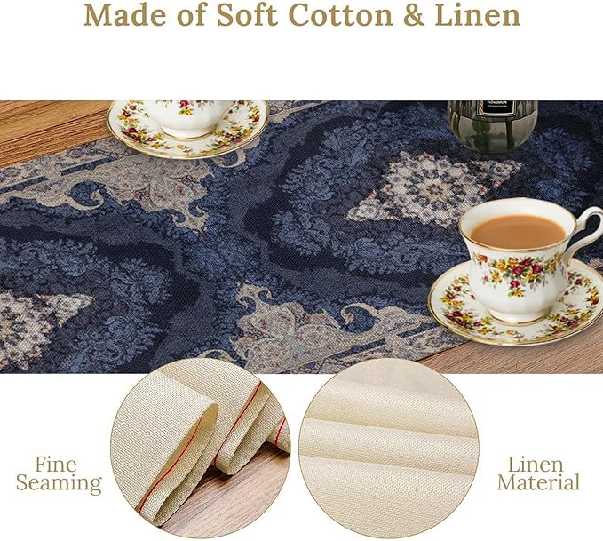 Vintage Boho Floral Table Runner, Rustic Country Farmhouse Dark Blue Grey Retro Flower Pattern for Home Kitchen Table Decor Dining Coffee Room Party Decor 13x120in