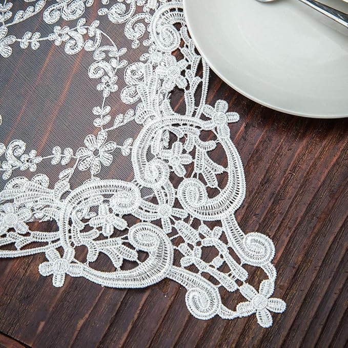 ARTABLE Rectangle Table Runner Lace Macrame Embroidered Table Runners with Exquisite Vintage Shabby Chic for Holiday Wedding Long Dinner Tables (White, 12 x 120 Inch)