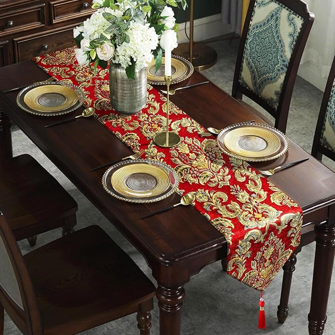 Embroidered Jacquard Elegant Table Runners 72 inches Long Chenille with Tassels - Red