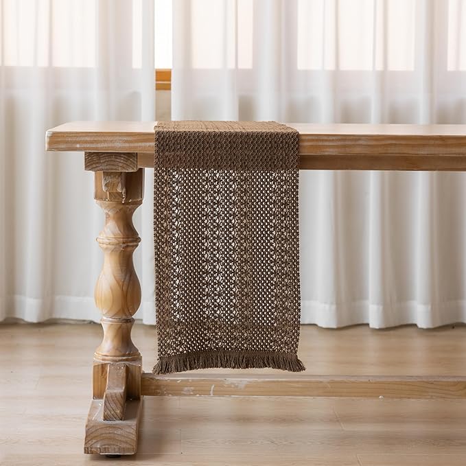 Boho Brown Table Runner for Home Decor 12x90 Inches Farmhouse Macrame Burlap Jute Rustic Dining Kitchen Centerpiece Bohemian Decor French Country Baby Bridal Shower Decorations