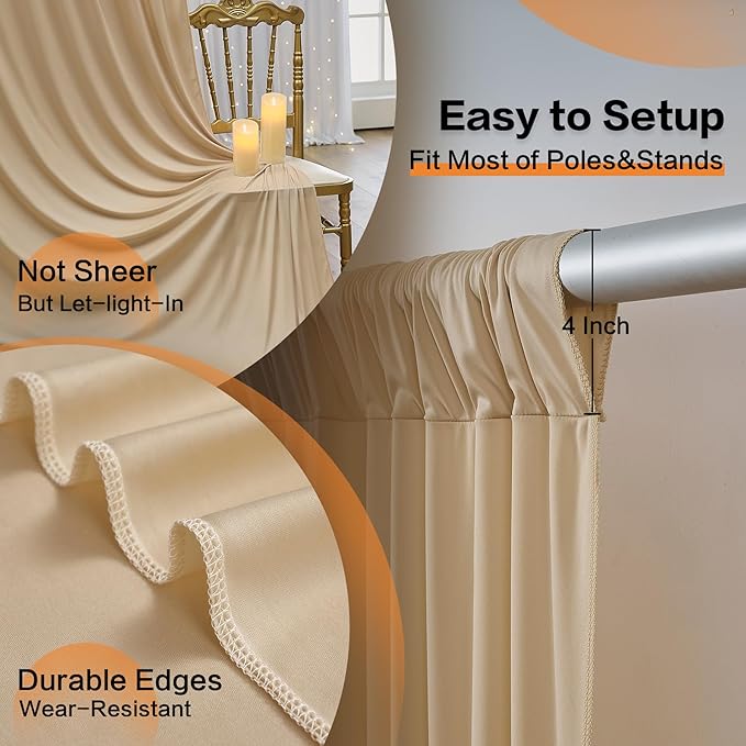 10ft x 15ft Beige Wrinkle Free Backdrop Curtains for Parties,Silky Polyester Fabric Wedding Ceiling Drapes, 2 Panels 15ft Photo Back Drop Drapes for Baby Shower Photography Stage Background Cloth