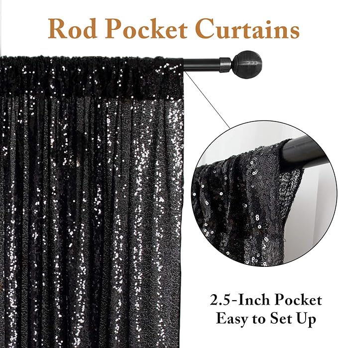 ShinyBeauty Black Backdrops 2 Pieces Sequin Curtains 4FTx7FT Photoshoot Background Glitter Backdrop Curtain Panels Shimmer Backgrounds for Wedding,Halloween,Party,Studio Decor(8FTx7FT)