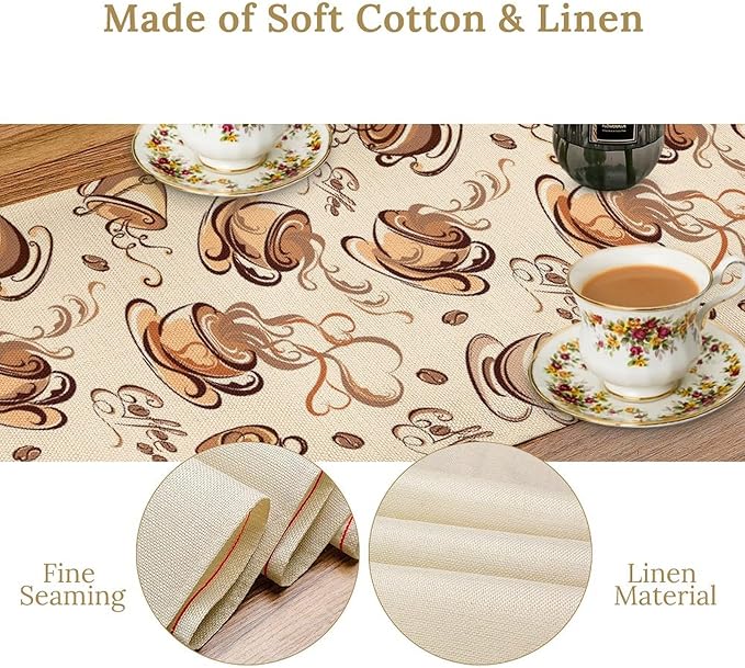 Coffee Time Table Runner, Farmhouse Retro Coffee Cup Tea Party Cafe Table Center Decor for Home Kitchen Dining Patio Holiday Party Indoor Outdoor Table Decorations,13"x108" Inch