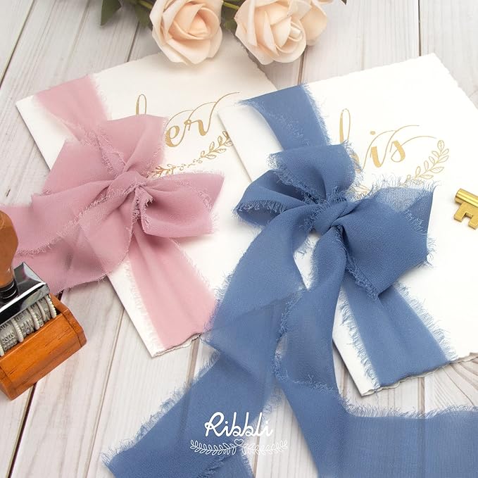Ribbli Dusty Blue Chiffon Ribbon - 1-1/2 inch x 30 Yard Handmade Fringe Silk Ribbon for Wedding Invitations, Bridal Bouquets, Flower Arrangements