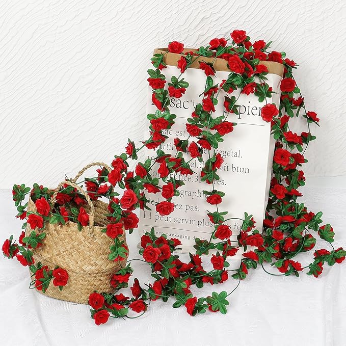 KHOYIME 18 Pack 144 FT Artificial Flower Garland, Fake Red Roses Vines Silk Flowers Faux Plastic Outdoor Hanging Floral Ivy Garland Decoration for Wedding Arch Bedroom Home Wall Backdrop Room Decor