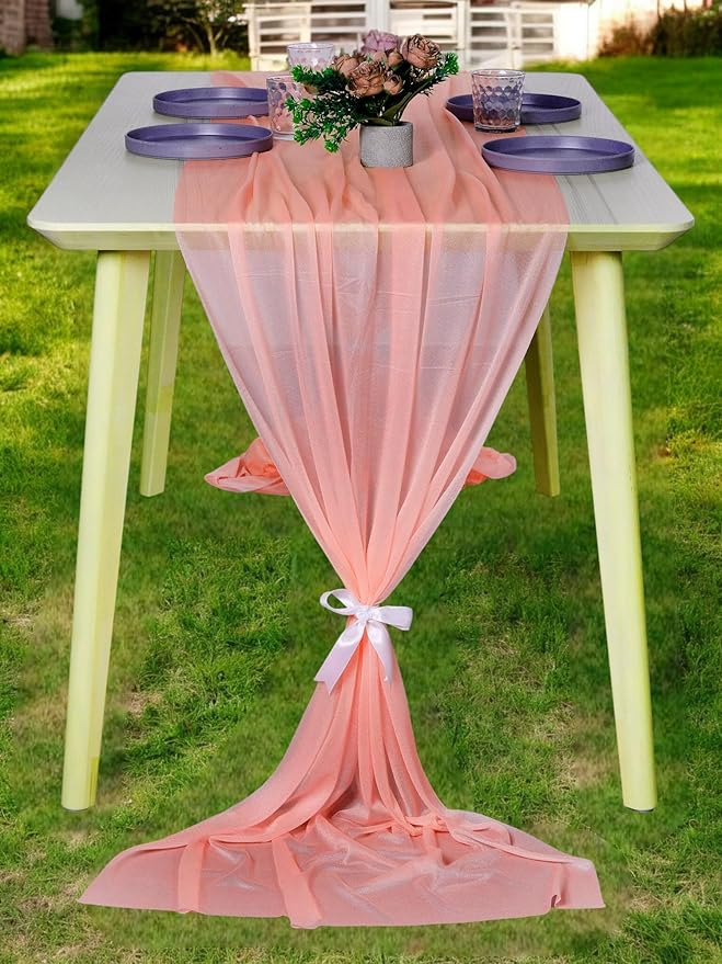 MDS 2 Pack 14ft Chiffon Table Runner 29 x 170 Inches Sheer Wedding Runner Romantic Rustic Table Runner for Wedding Decorations, Birthday Parties, Bridal Shower Party Arch Decor - Peach