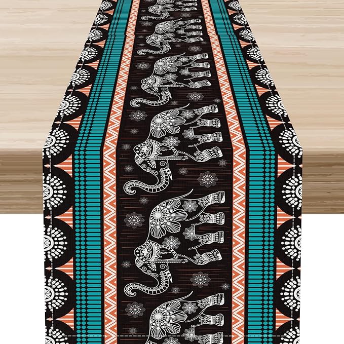Boho Elephant Table Runner, Vintage Tribal Traditional Bohemian African Animals Ethnic Folk Table Center Decor for Home Kitchen Dining Patio Holiday Party Indoor Table Decorations, 13"x108" Inch