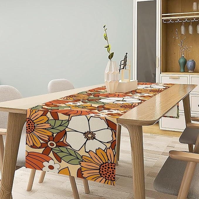 Vintage Floral Table Runner,Boho 70s Style Retro Flower Table Cloth Kitchen Dining Table Home Party Decoration 13x108 Inch