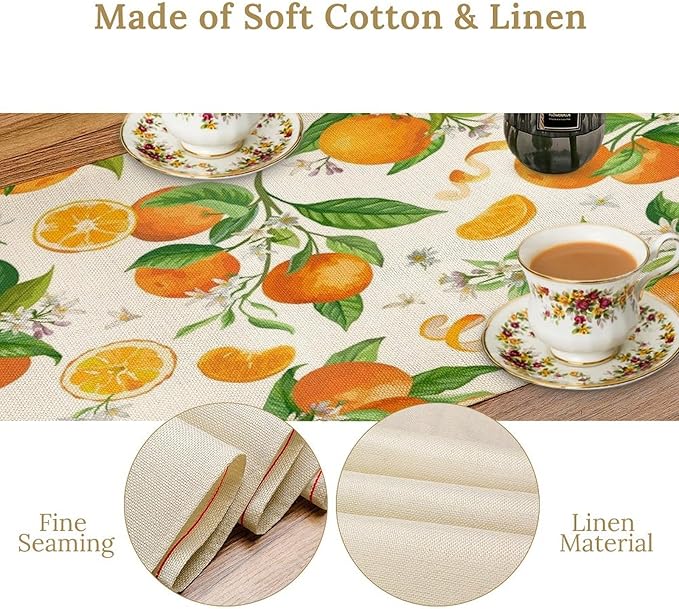Spring Summer Orange Table Runner Vintage Citrus Lemon Fruit Mandarin Floral Dinner Runner for Farmhouse Baby Shower Party Holiday Home Kitchen Dining Table Decor 13x70