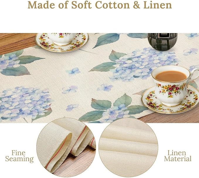 Spring Hydrangea Flower Table Runner, Seasonal Summer Plants Watercolor Blue Florals Dinner Runner for Home Kitchen Dining Table Party Holiday Decoration 13"x60"