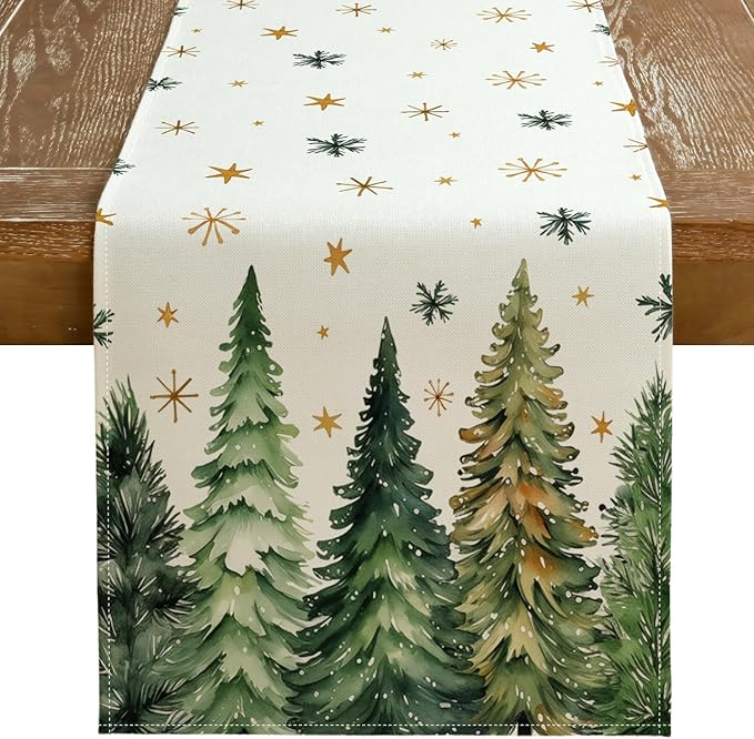 GEEORY Christmas Table Runner 13x72 Inch, Xmas Tees Snowflakes Holiday Decorative Farmhouse Table Decoration for Kitchen Dinning, Indoor Outdoor Dinner Party Decor (Light Green) GT166-72