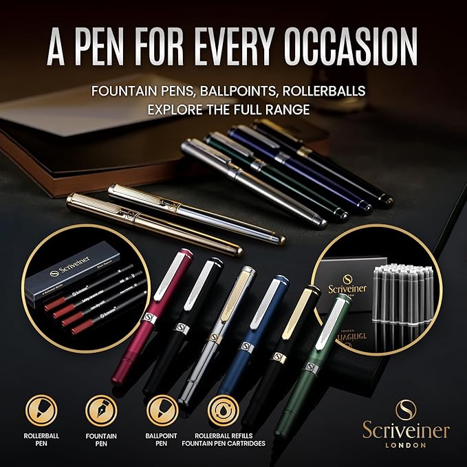 Scriveiner Personalized Midnight Blue Pen - Stunning Blue Lacquer Luxury Pen, Chrome Finish, German Schmidt Nib (Medium), Best Engraved Fountain Pen Gift Set for Men & Women, Name Engraving