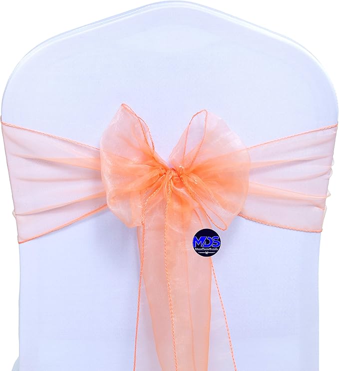 MDS Pack of 125 PCS Organza Chair Sashes Wider Dining Chair Bows Ribbon Tie Back for Wedding Party Birthday Bridal Shower Reception Event Banquet Home Chair Cover Decoration - Peach