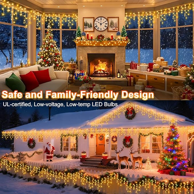 KNONEW Christmas Lights Outdoor Decorations 400 LED 33ft 8 Modes Curtain Fairy String Light with 75 Drops, Clear Wire LED String Light Indoor Decor for Wedding Party Christmas Decorations Warm White