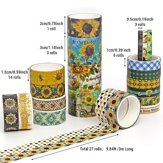 27 Rolls Washi Tape Set - Decorative Masking Tape Colored Sunflower Patterns, Adhesive Artists Tapes for Journaling Supplies, DIY Crafts, Scrapbooking, Junk Journal Supplies, School Supplies