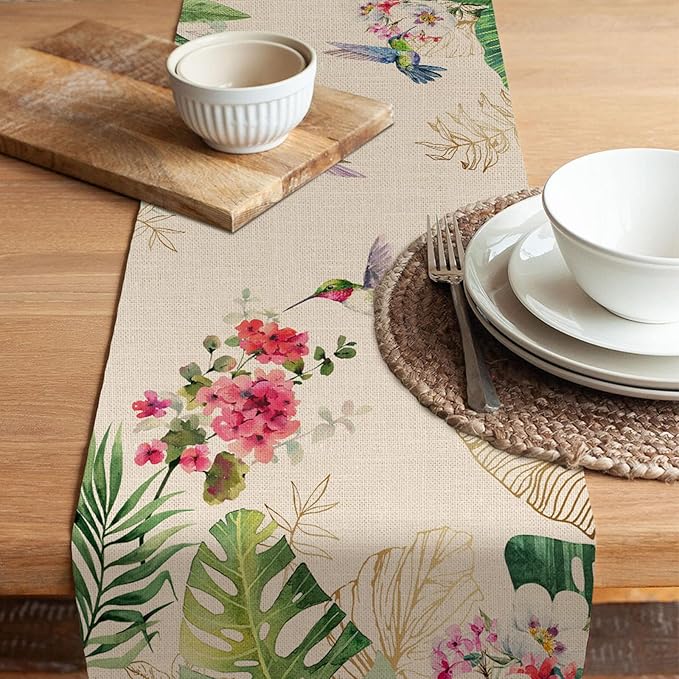 Seliem Summer Tropical Hummingbird Palm Leaf Greenery Table Runner, Spring Birds Home Kitchen Monstera Geranium Flowers Dining Decor, Seasonal Burlap Decorations Anniversary Party Supply 13 x 72 Inch